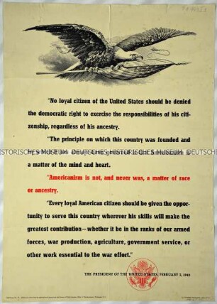Amerikanisches Propagandaplakat mit einer Erklärung des amerikanischen Präsidenten Franklin D. Roosevelt vom 3. Februar 1943