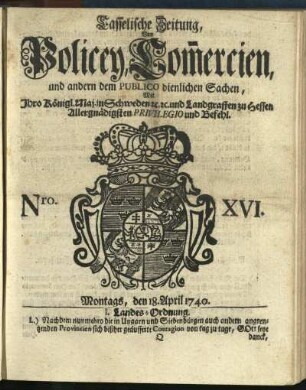 Nro. XVI, Montags, den 18. April 1740