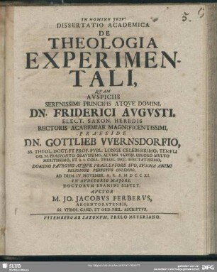 Dissertatio Academica De Theologia Experimentali