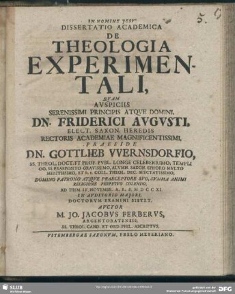 Dissertatio Academica De Theologia Experimentali