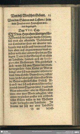 Von den Sünden und Lastern, so in dem Freyhen und Heyrahten werden begangen. Das VIII. Cap.