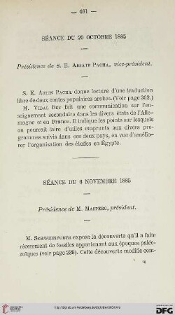 Séance du 6 Novembre 1885
