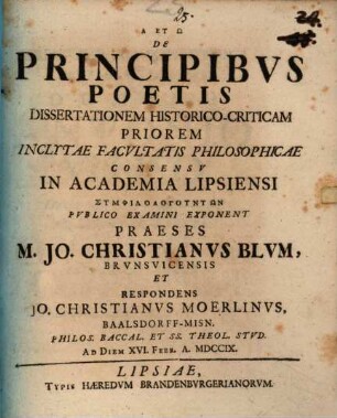 De principibus poetis dissertationem historico-criticam priorem