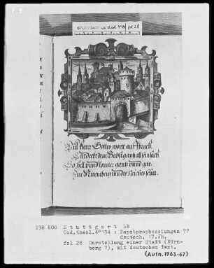 Flugschrift mit Illustrationen aus den Papstprophezeiungen mit antipäpstlichen Spottversen — Darstellung von Nürnberg, Folio 28recto