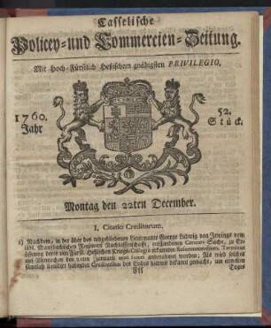 52. Stueck, Montag den 22ten December 1760