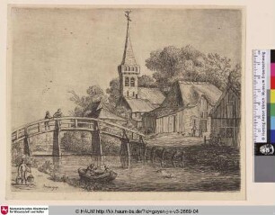 [Dorfansicht mit einer Holzbrücke über einem schmalen Fluss;Landscape with a wooden bridge]