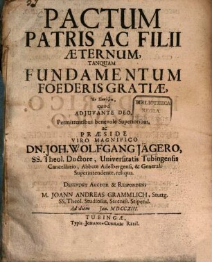 Pactum Patris Ac Filii Aeternum, Tanquam Fundamentum Foederis Gratiae, En Synopsē