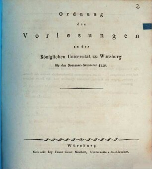 Ordnung der Vorlesungen an der Königlichen Universität Würzburg. 1816. SS