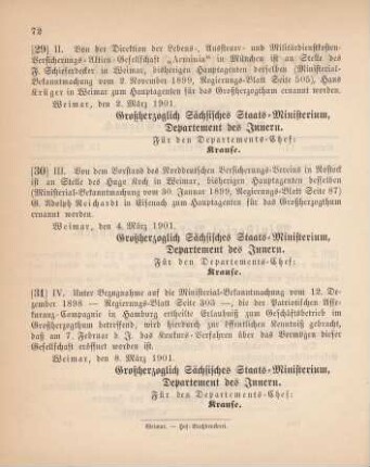 30. Ministerial-Bekanntmachung, betreffend Wechsel in der Hauptagentur des Norddeutschen Versicherungs-vereins in Rostock