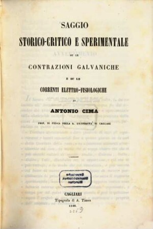 Saggio storico-critico e sperimentale su le contrazioni galvaniche e su le correnti elettrofisiologiche