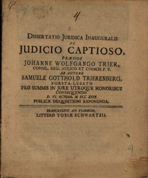 Dissertatio Juridica Inauguralis De Judicio Captioso