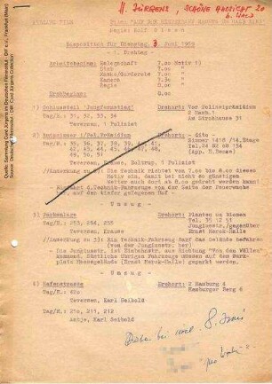 Tagesdisposition für den 03.06.1969, mit handschriftlichen Notizen von Curd Jürgens