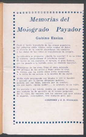 Memorias del Mologrado Payador Gabino Ezeiza