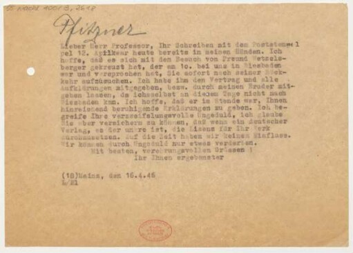 Brief an Hans Pfitzner : 16.04.1946
