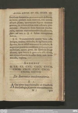 Articuli X. LX. CI. CXC. CXCI. CXCII. CXCIII. CXCIV. CXCV. CXCVI. CXCVII. CXCVIII. De Sententia condemnatoria.
