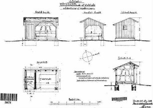 Warthausen: Nebengebäude Wärterbude mit Wartehalle Grundriß EG,Querschn.,Längs- Giebelans.