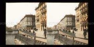 Gebäude und Passanten an der Rhone, Genf