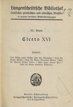 Cicero, 16,[1]. Marcus Tullius Ciceros Drei Reden gegen den Volkstribun Publius Servilus Rullus über das Ackergesetz