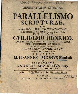 Observationes Selectae De Parallelismo Scriptvrae [Scripturae]