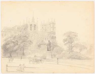 Westminster Abbey, London: Von Bäumen verdeckte Seitenansicht von Norden, im Vordergrund Straßenszene und Standbild