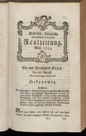 Ein und Dreysigstes Stück; den 3ten August. Wien 1775.
