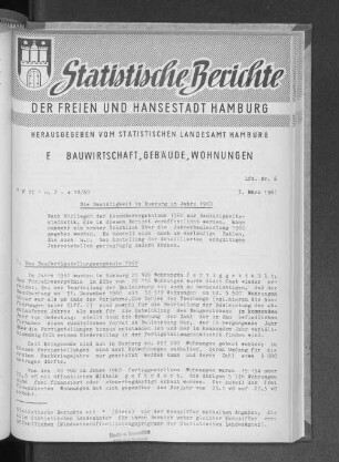Die Bautätigkeit in Hamburg im Jahre 1960 : Lfd. Nr. 6