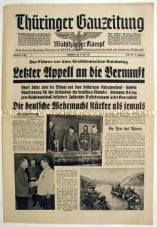 Regionale Tageszeitung der NSDAP "Thüringer Gauzeitung" u.a. zur Rede Hitlers über den bisherigen Kriegsverlauf