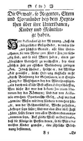 Die Gewalt, so Regenten, Eltern und Vormünder bey dem Heyrathen über ihre Unterthanen, Kinder und Mündlinge haben.