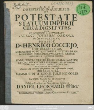 Dissertatio Inauguralis, De Potestate Statuum Imperii Circa Dignitates