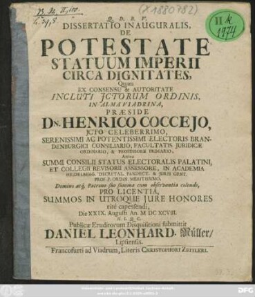 Dissertatio Inauguralis, De Potestate Statuum Imperii Circa Dignitates