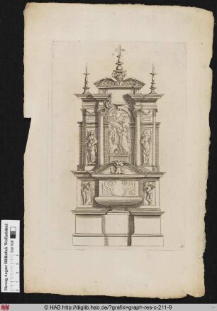 Entwurf für einen Altar nach der Architektur mit der Darstellung der Kreuzabnahme Christi, flankiert von Säulen mit der Heiligen Agnes und einer weiteren Märtyrerin.