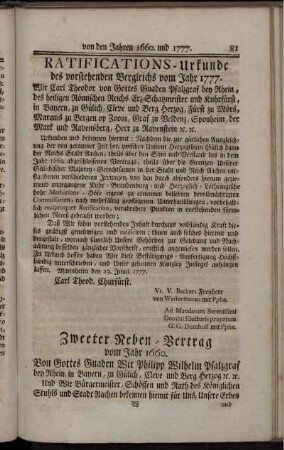 Ratifications-Urkunde des vorstehenden Vergleichs vom Jahr 1777.