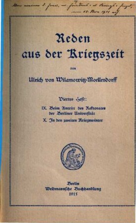 Reden aus der Kriegszeit, 4. Beim Antritt des Rektorates der Berliner Universität