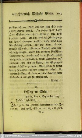 36. Lessing an Gleim. Berlin, den 1. September 1759