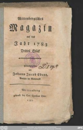 3: Wittenbergisches Magazin : auf das Jahr