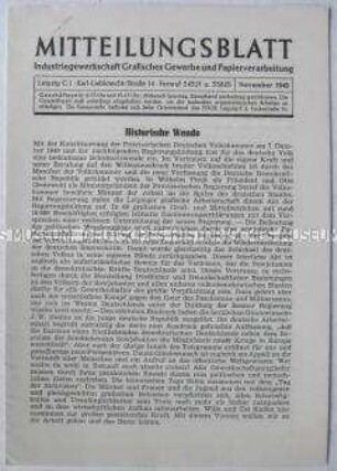 Mitteilungsblatt der IG Graphisches Gewerbe und Papierverarbeitung u.a. zur Gründung der DDR