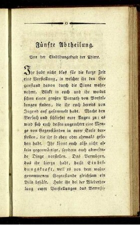 Fünfte Abtheilung. Von der Einbildungskraft der Thiere.