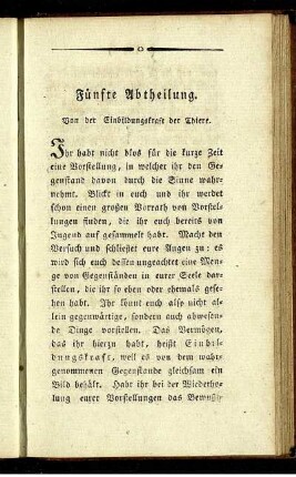 Fünfte Abtheilung. Von der Einbildungskraft der Thiere.