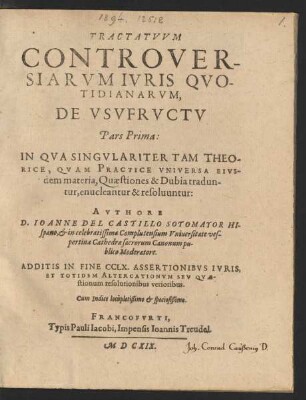 1: Tractatuum Controversiarum Iuris Quotidianarum, De Usufructu Pars ...