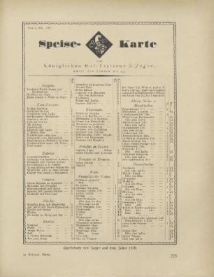 Speise-Karte vom Königlichen Hof-Traiteur J. Jagor. Unter den Linden No. 23