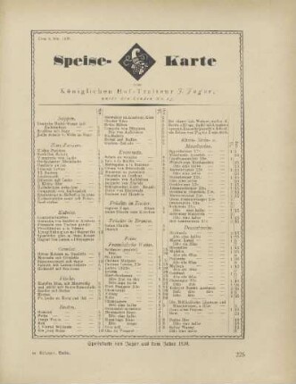 Speise-Karte vom Königlichen Hof-Traiteur J. Jagor. Unter den Linden No. 23