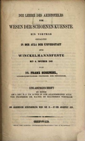 Die Lehre des Aristoteles vom Wesen der schönen Künste : Ein Vortrag gehalten zum Winckelmannsfeste am 9. Nov. 1861