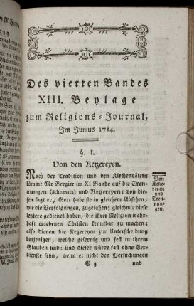 Des vierten Bandes XIII. Beylage zum Religions-Journal, Im Junius 1784