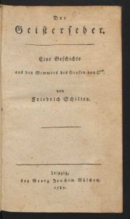 Der Geisterseher : Eine Geschichte aus den Memoires des Grafen von O..