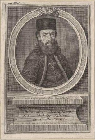Athanasios Dorostamos; Titelkupfer, aus: Beschreibung der griechischen Kirche in der Türkey von Jacob Elsner, Berlin 1737