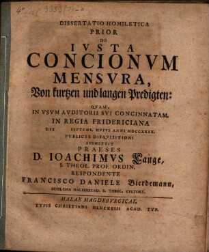Diss. homilet. prior de iusta concionum mensura
