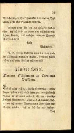 Fünfter Brief. Mariane Mühlmann an Carolinen Berkhaus