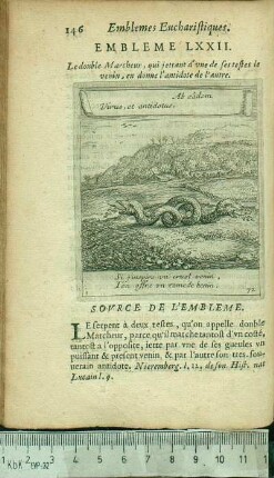 Embleme LXXII. Le double Marcheur, qui jettant d'une de ses testes le venin, en donne l'antidote de l'autre.