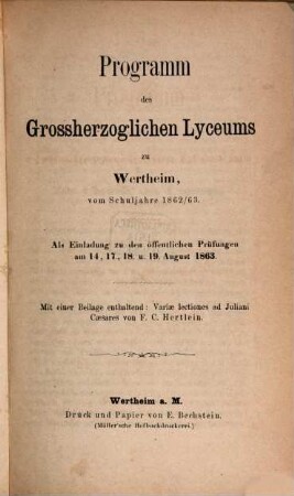Programm des Grossherzoglichen Lyceums in Wertheim : vom Schuljahre ..., 1862/63