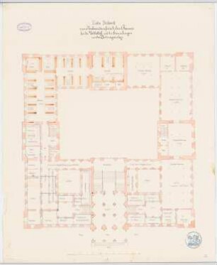 Gebäude für die Vereinigten Großherzoglichen Sammlungen (Kunst, Münzen, Bibliothek, Naturwissenschaften), Karlsruhe: Grundriss für Raumnachweis und Heizung, 1. OG